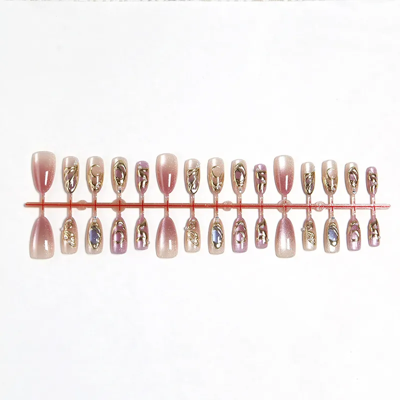 Nailhour Gold Chrome Cat Eye 30Pcs Almond Press On Nails