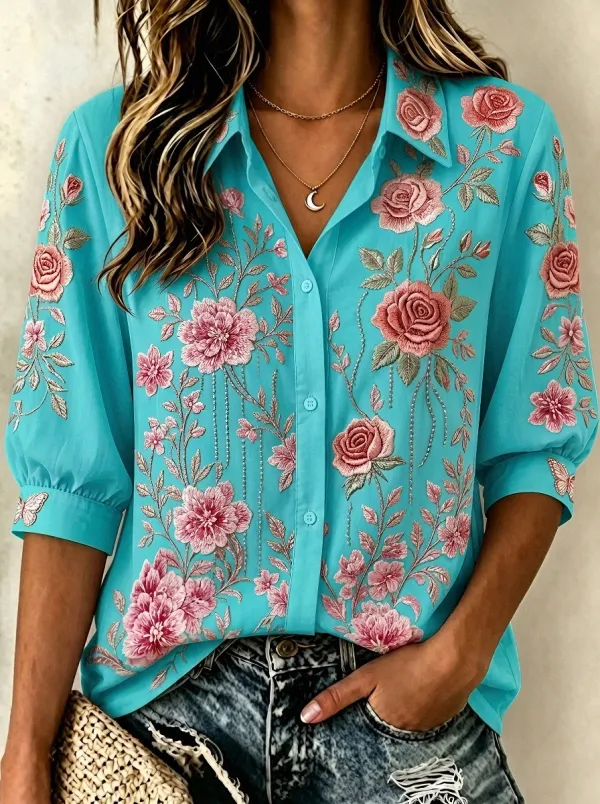 Women's Breast Cancer Awareness Pink Rose Floral Embroidered Printed Shirt