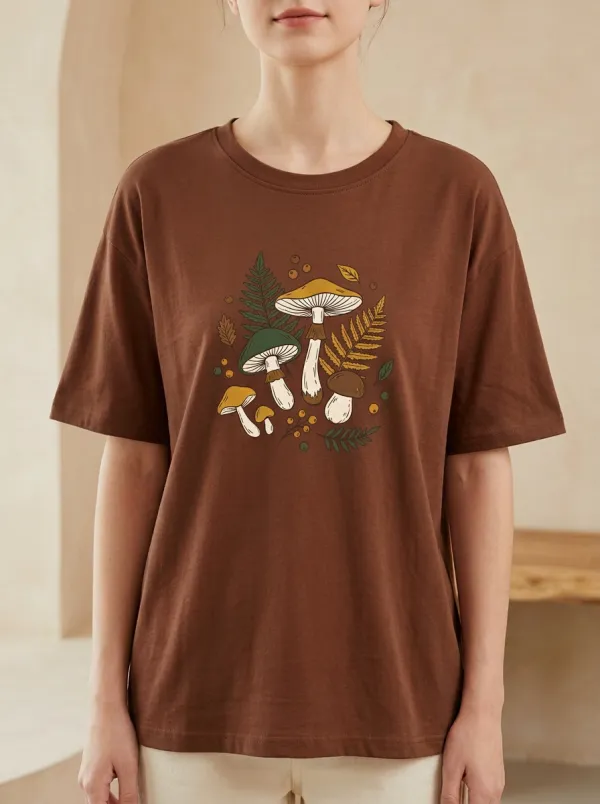 Cottagecore Mushroom Fern Nature Printed Women's Graphic T-Shirt