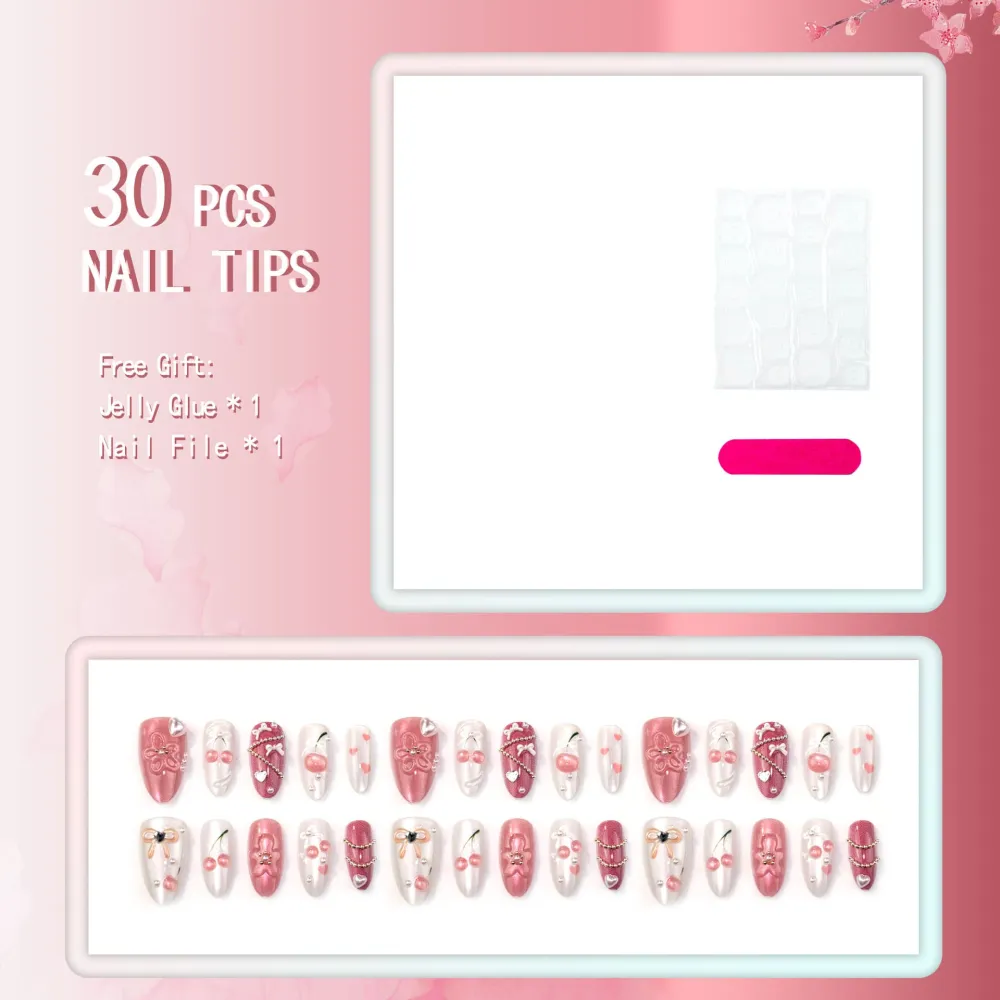 Nailhour 30Pcs Sweet Cherry Floral 3D Medium Almond French Press On Nails