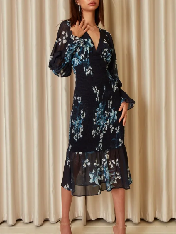 Tied Back Floral V-Neck Dress