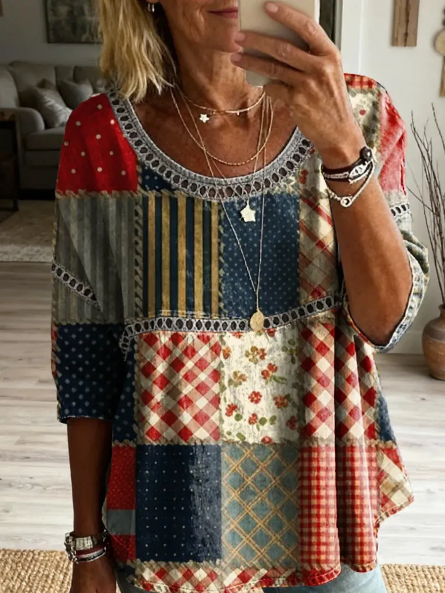 Women'S Casual Printed Cotton And Linen Hollow Top