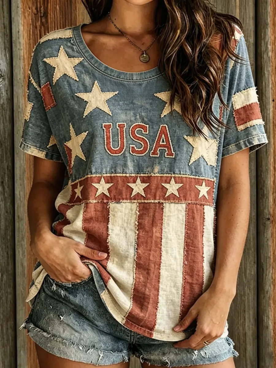 Vintage American Flag Element Pattern Design Casual Linen T-shirt