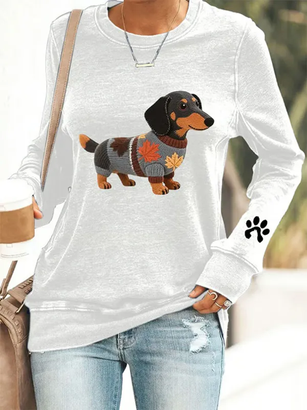 Women's Dog Art Print Round Neck Cotton Sweatshirt