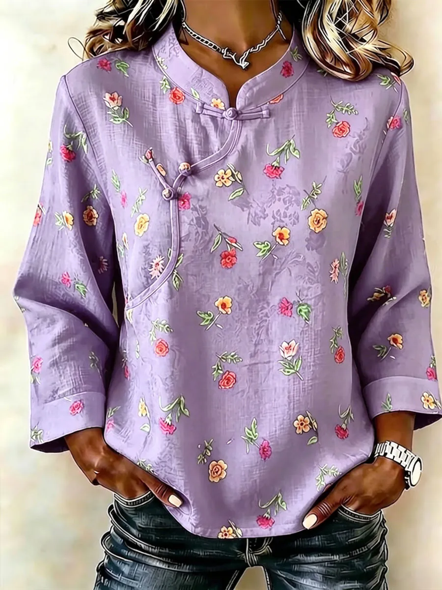 Women'S Cotton And Linen Floral Print Top