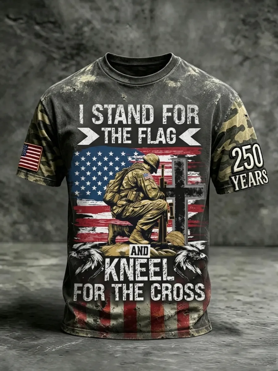 Men's America's 250th Anniversary Stand For The Flag Kneel For The Cross Faith Christian Cross Print T-Shirt