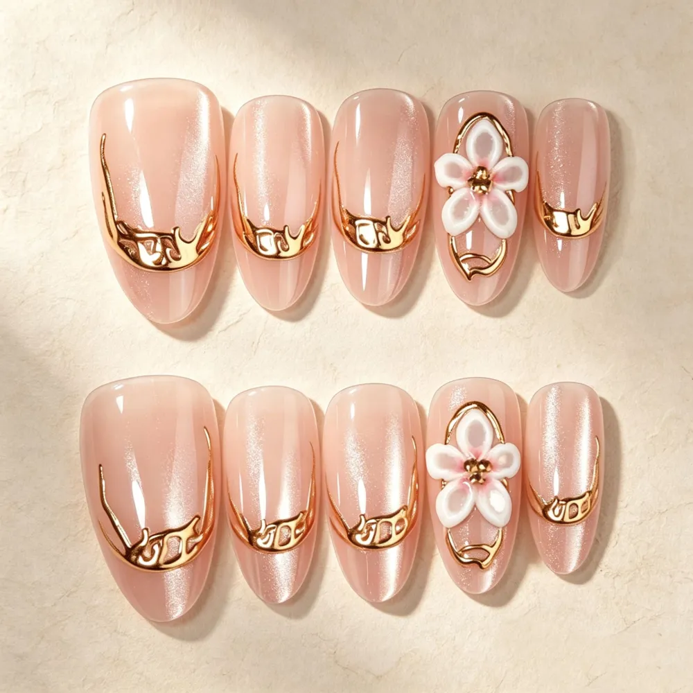 Nailhour 30Pcs Nude Pink Floral 3D Medium Almond French Press On Nails