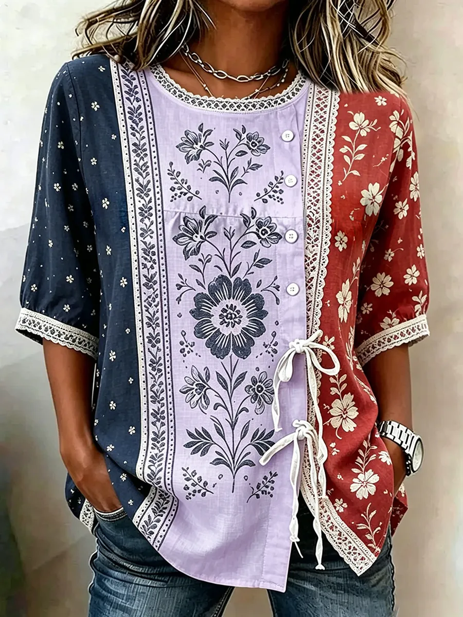 Women's Cotton Linen Floral Floral 250th Anniversary Digital Print Top