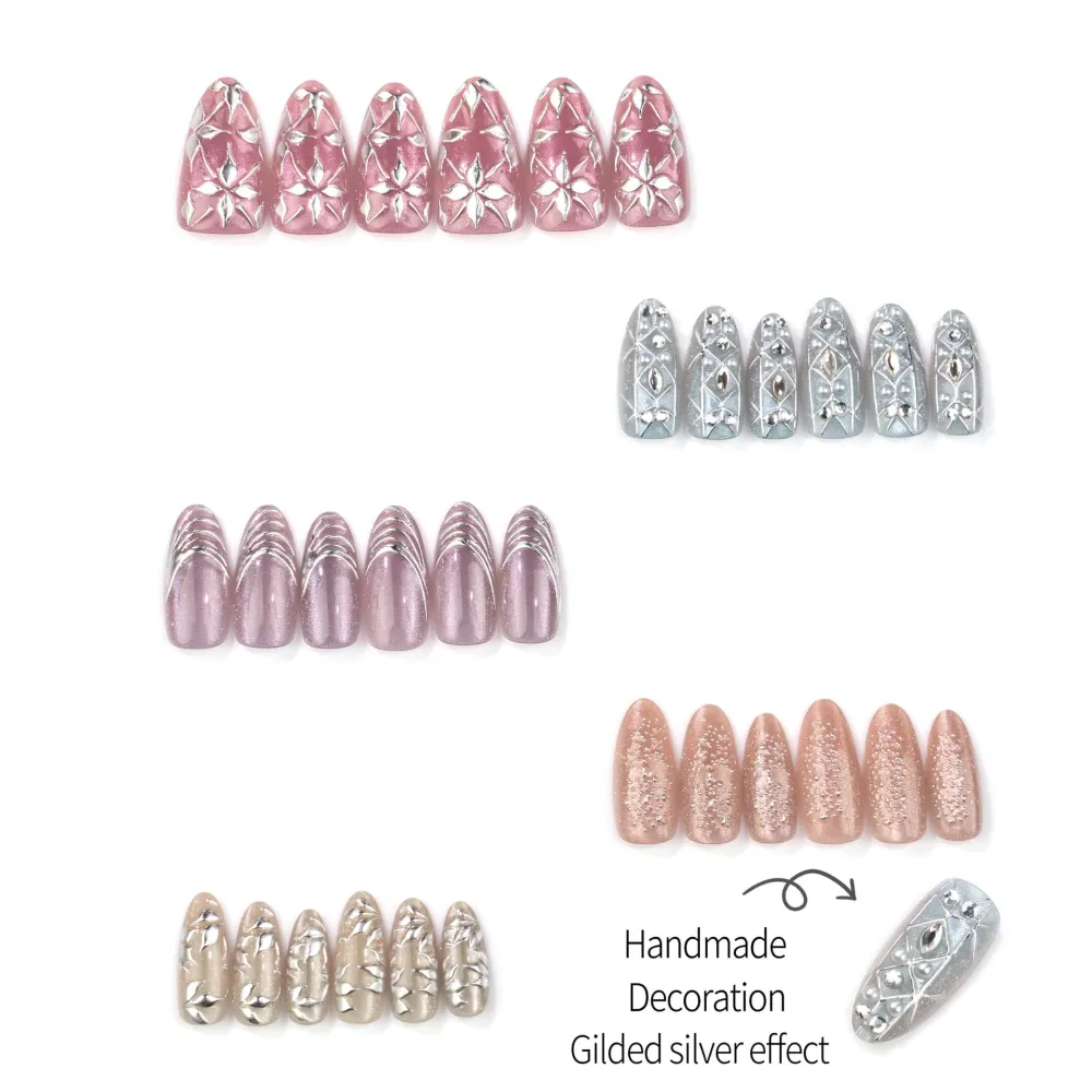 Nailhour 30Pcs Sweet Cat Eye Medium Almond French Press On Nails