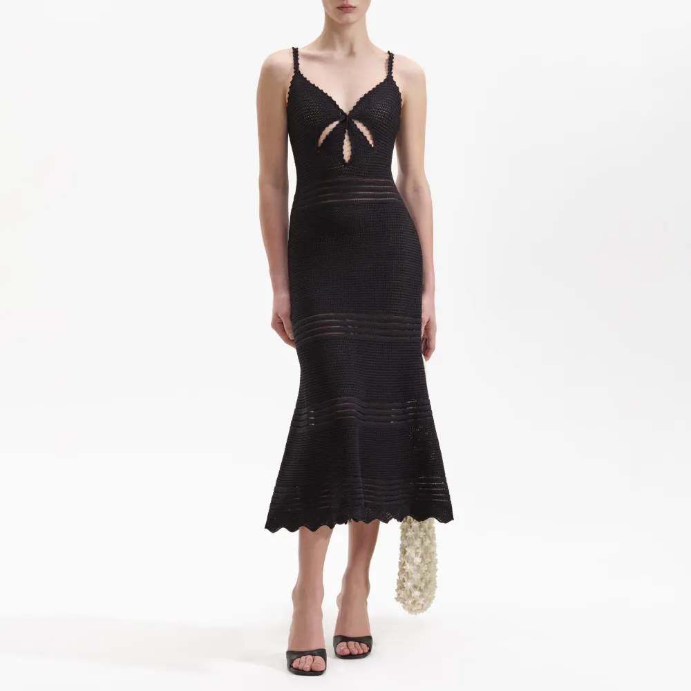 Black Crochet Cut Out Midi Dress
