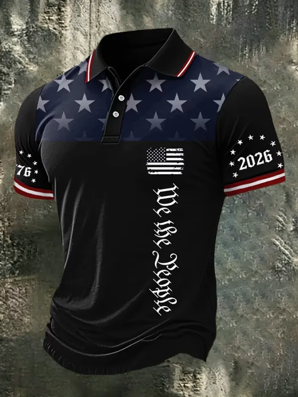 Men'S American Flag Print Casual Polo Shirt