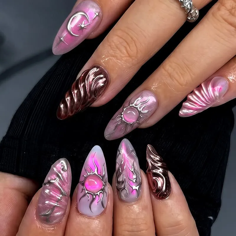 Nailhour 30Pcs Floral 3D Medium Almond French Press On Nails