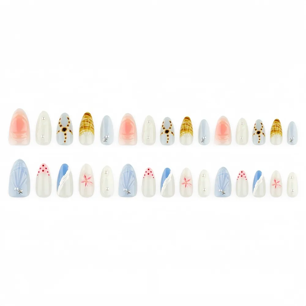 Nailhour 30Pcs Multicolor 3D Ocean Medium Almond Press On Nails