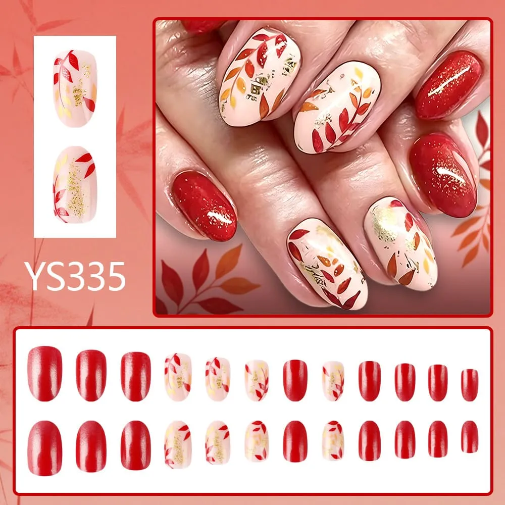 Nailhour 24Pcs Autumn French Multicolor Short Oval Press On Nails