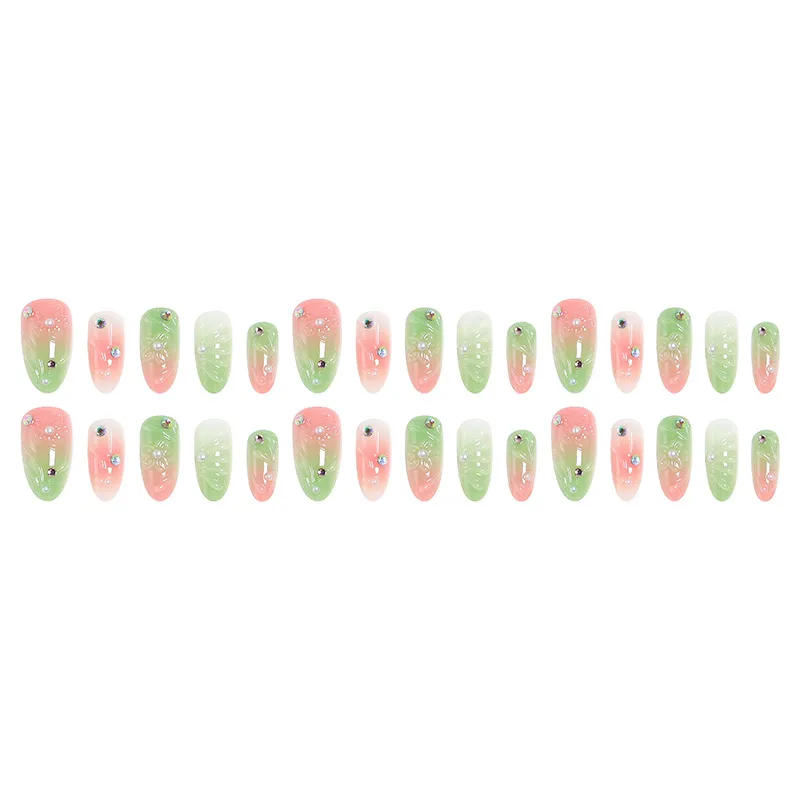 Nailhour Gradient 3D Green 30Pcs Floral Almond Press On Nails