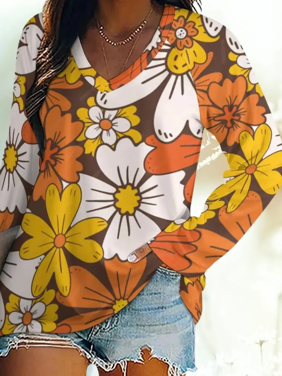 Retro Floral V-Neck T-Shirt