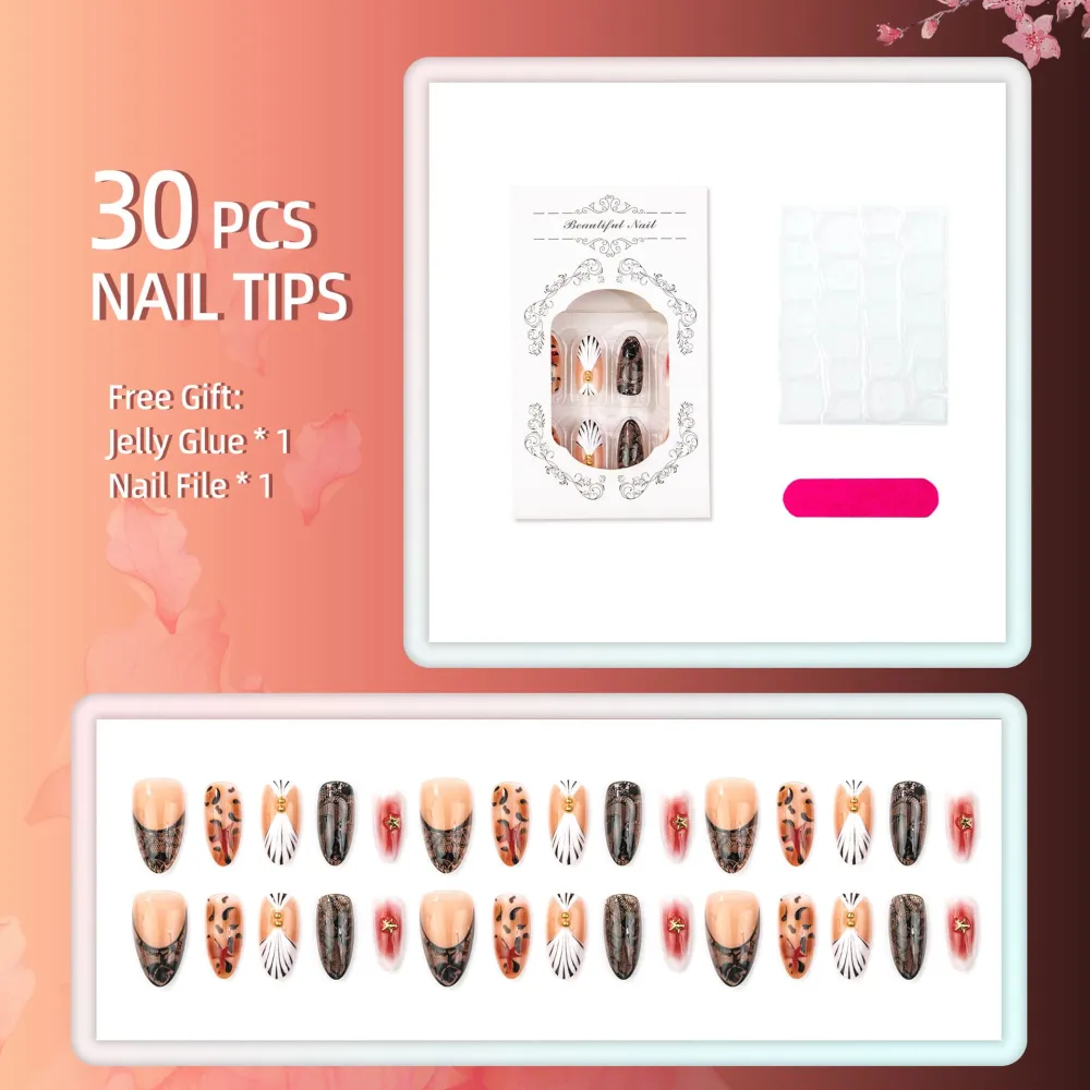 Nailhour 30Pcs Autumn Sweet Gilded Medium Almond French Press On Nails