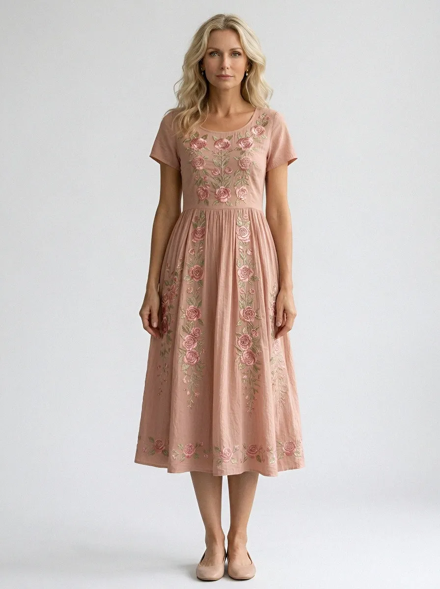 Women's Breast Cancer Awareness Rose Floral Embroidered Printed Dress