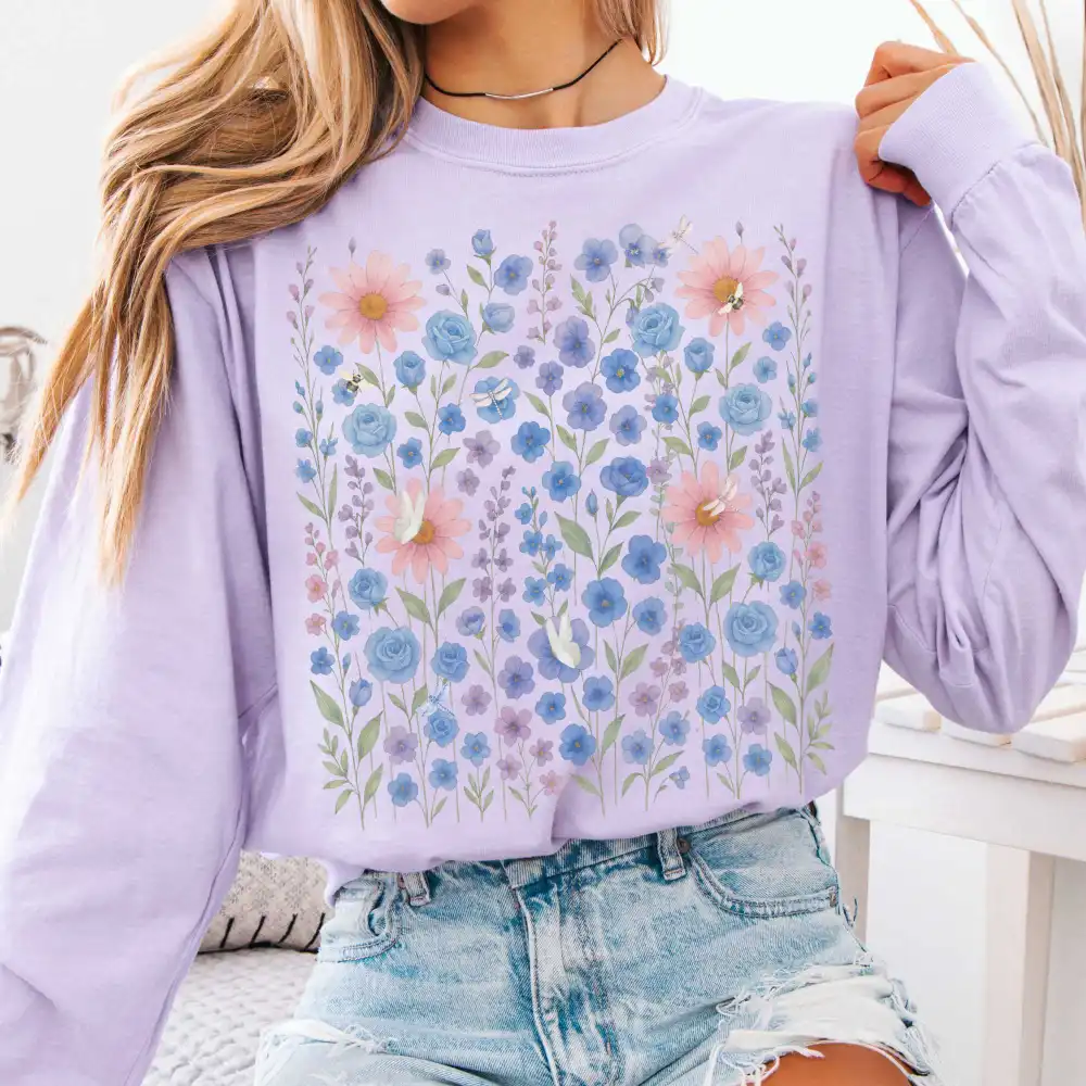 Blue Violet Wildflowers Long Sleeve Shirt