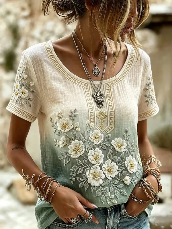 Women's Retro Line Floral Print Round Neck Short Sleeved Linen Blend T-Shirt