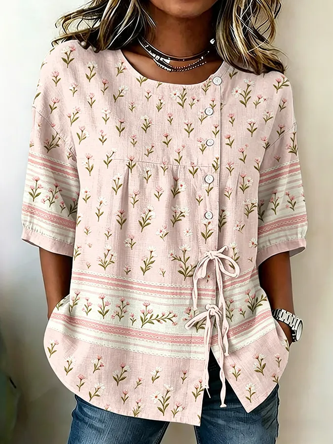 Women's casual floral cotton linen short sleeved shirt