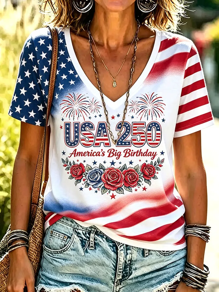 Women's Retro American 250th Anniversary V-neck Short-sleeved T-shirt