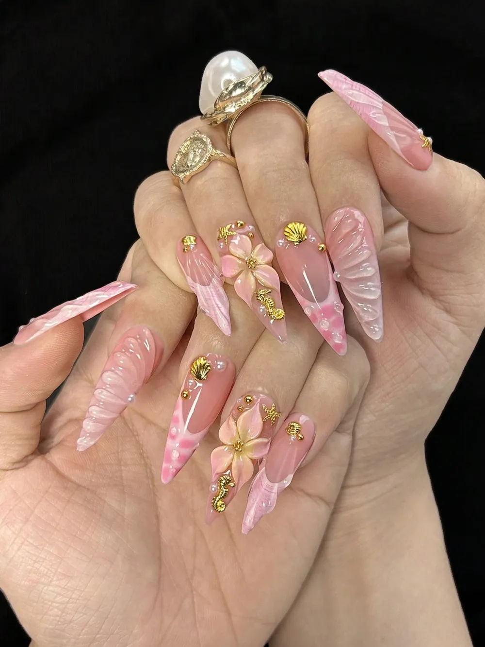 Nailhour 10pcs Handmade Long Stilettos Pink French Fingertips Fake Nails