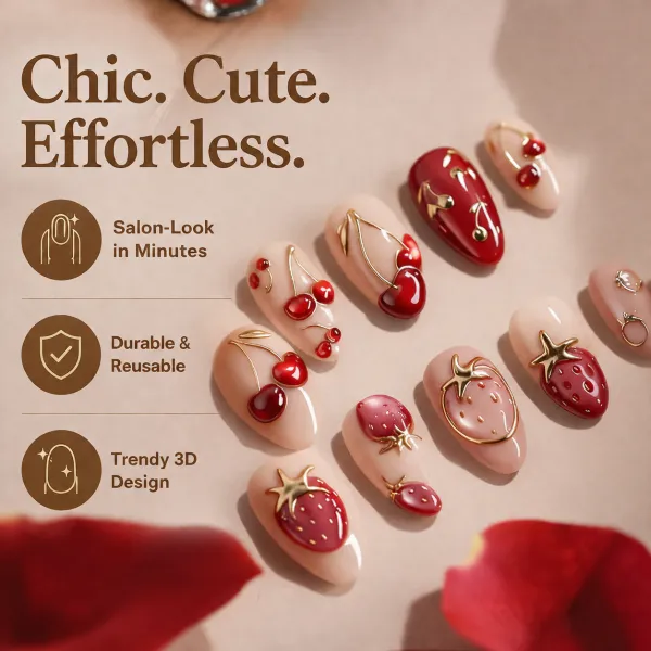 Nailhour 30pcs Nude Date 3D Strawberry Cherry Press On Nails