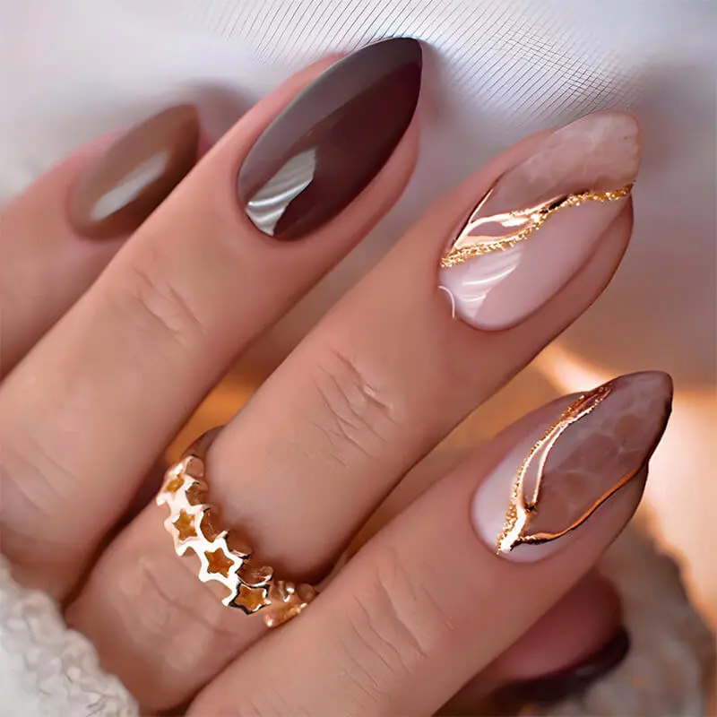 Nailhour 24Pcs Brown Gilded Short Almond Press On Nails