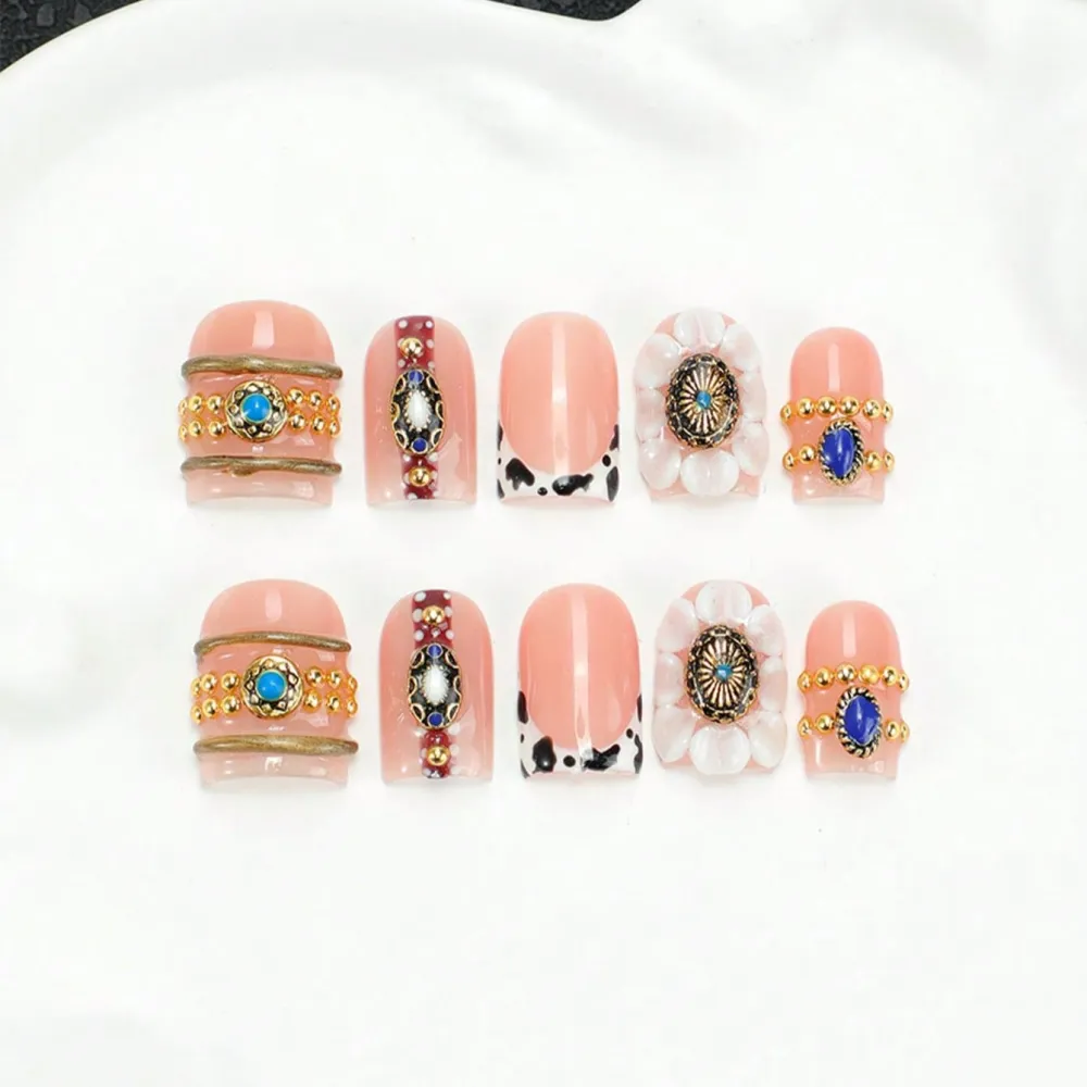 Nailhour 10Pcs Short Square Rhinestone Handmade 3D Gilded Press On Nails