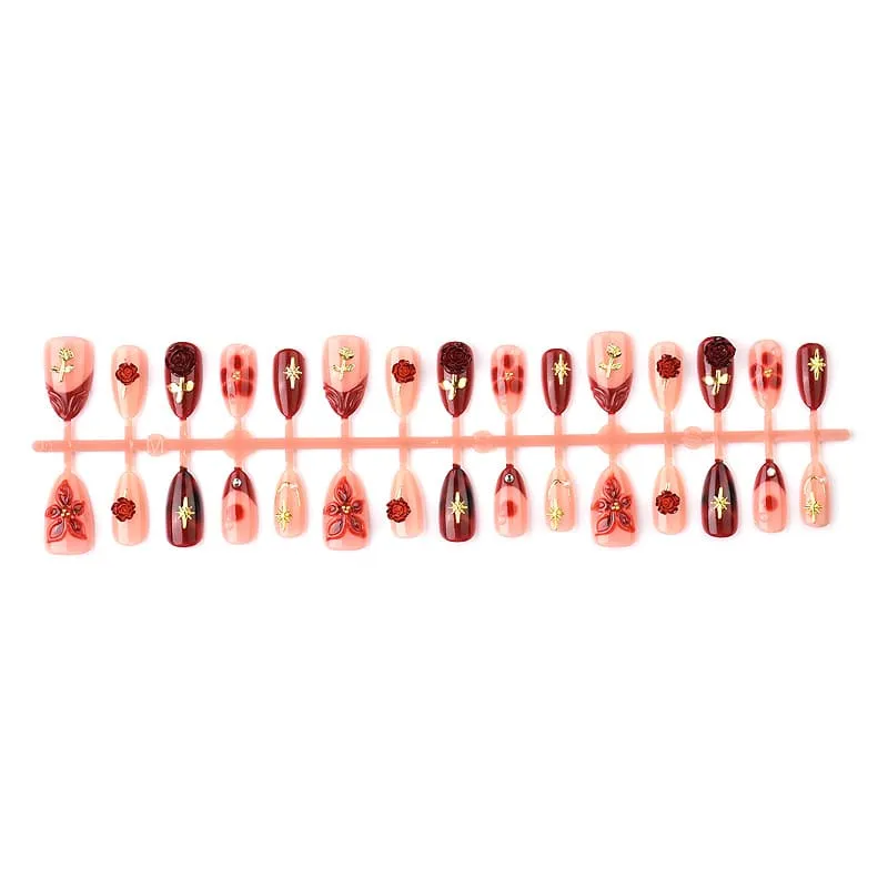 Nailhour 30Pcs Red Rose Floral 3D Medium Almond French Press On Nails