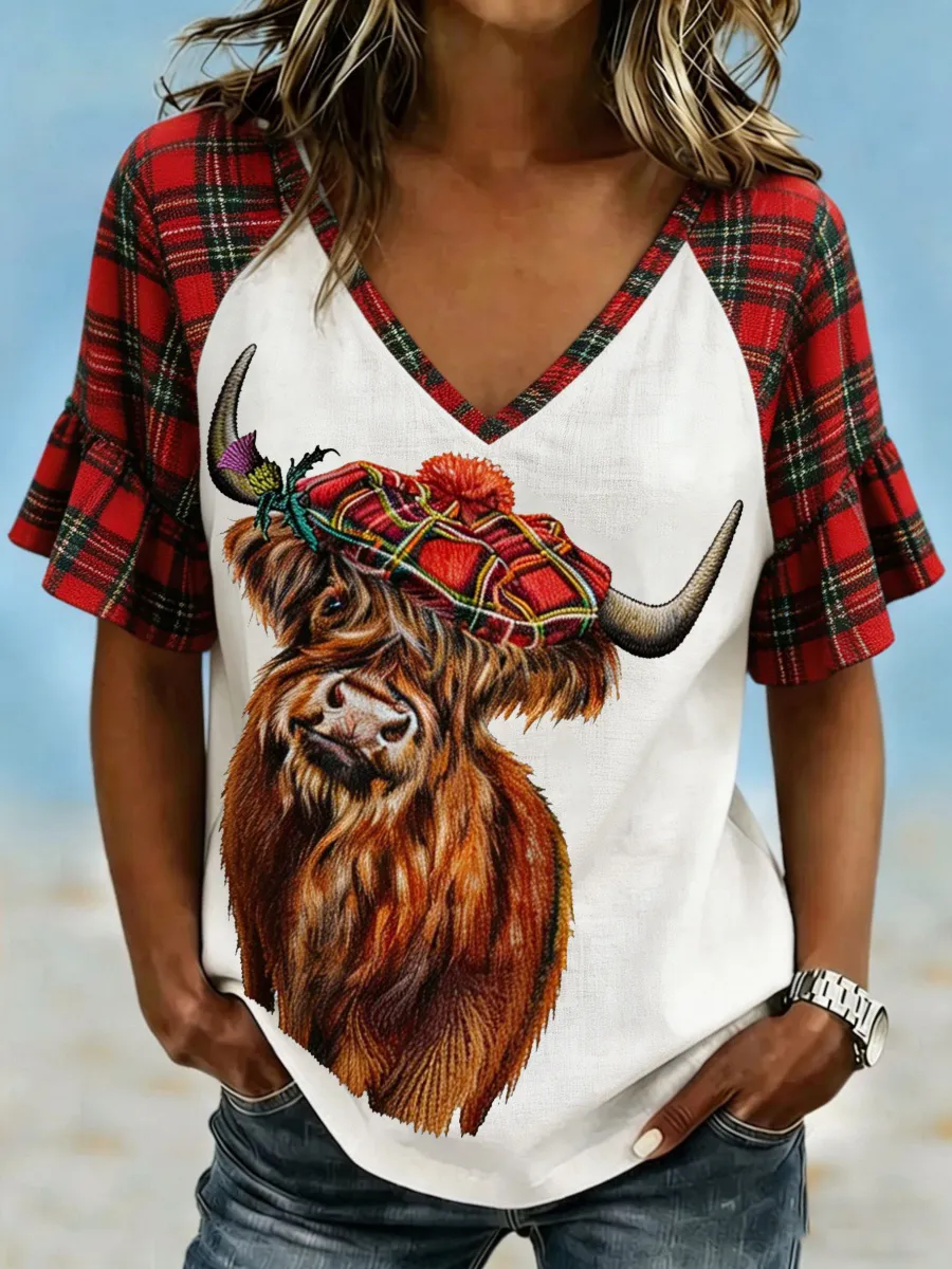 Scottish Highland Cow Women's Casual Ruffle-Sleeve Top