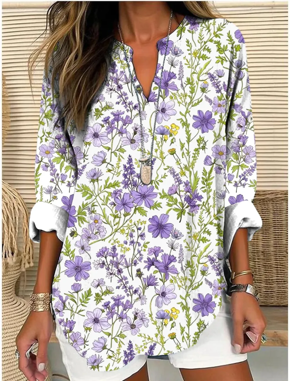 Women's Purple Floral Printed Long-Sleeved V-Neck Shirt