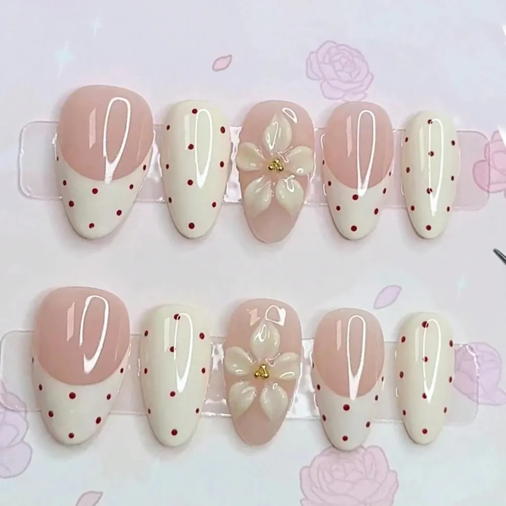 Nailhour 10Pcs Handmade Short Almond French 3D Resin Round Dot Floral Press On Nails