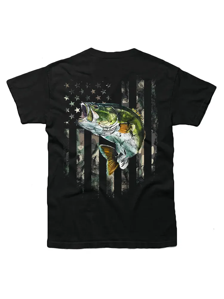 American Flag (Print On The Back) Camo Bass Fish Fishing T-Shirt