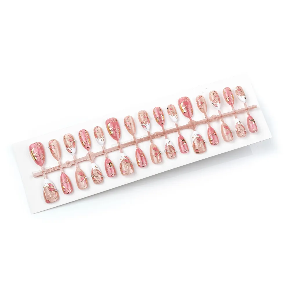 Nailhour 30Pcs Floral Rhinestone Medium Almond French Cat Eye Press On Nails