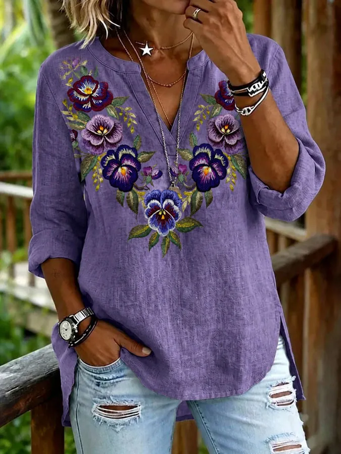 Women's Flowers Printed Cotton Linen Top