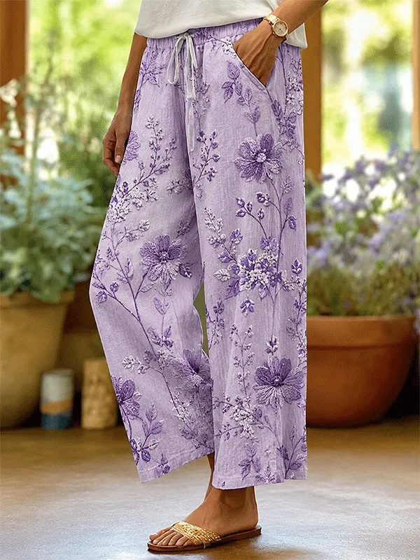 Women's Light Purple Floral Print Line Wide Leg Pants