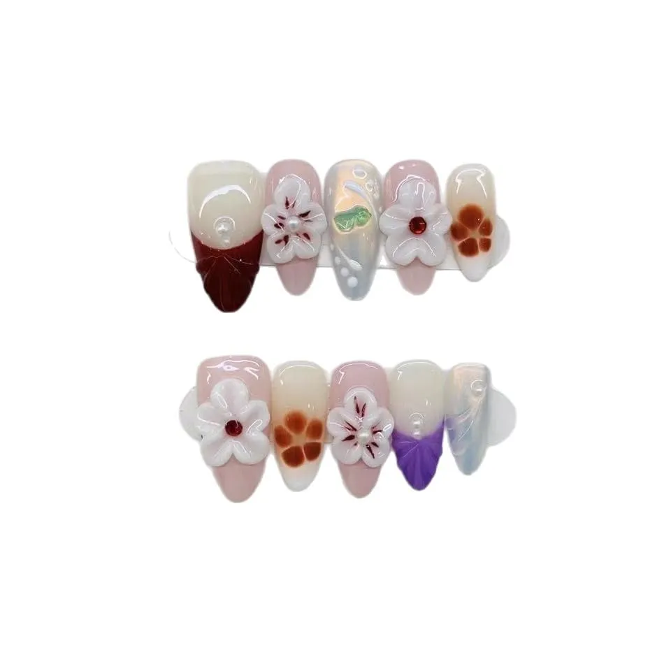 Nailhour 10Pcs Floral 3D Medium Almond Press On Nails