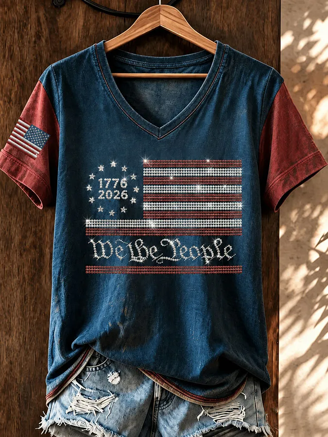 Women'S Retro Flag Celebration Printed Casual Short Sleeved T-Shirt