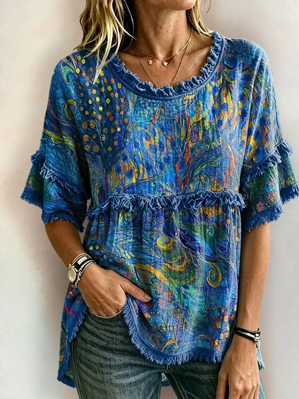 Women's Floral Print Round Neck Fringe Top