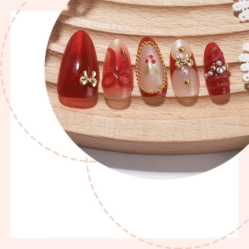 Nailhour 30Pcs Rhinestone Medium Almond Red 3D Press On Nails