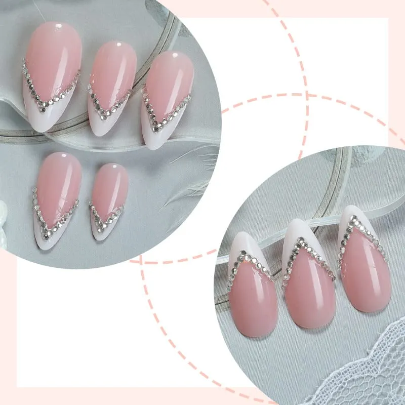 Nailhour 24Pcs White V-Shaped Medium Almond French Press On Nails