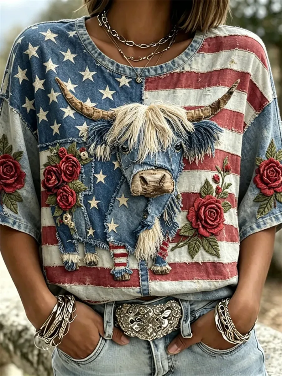 Vintage Highland Cow Roses American Flag Linen Tunic