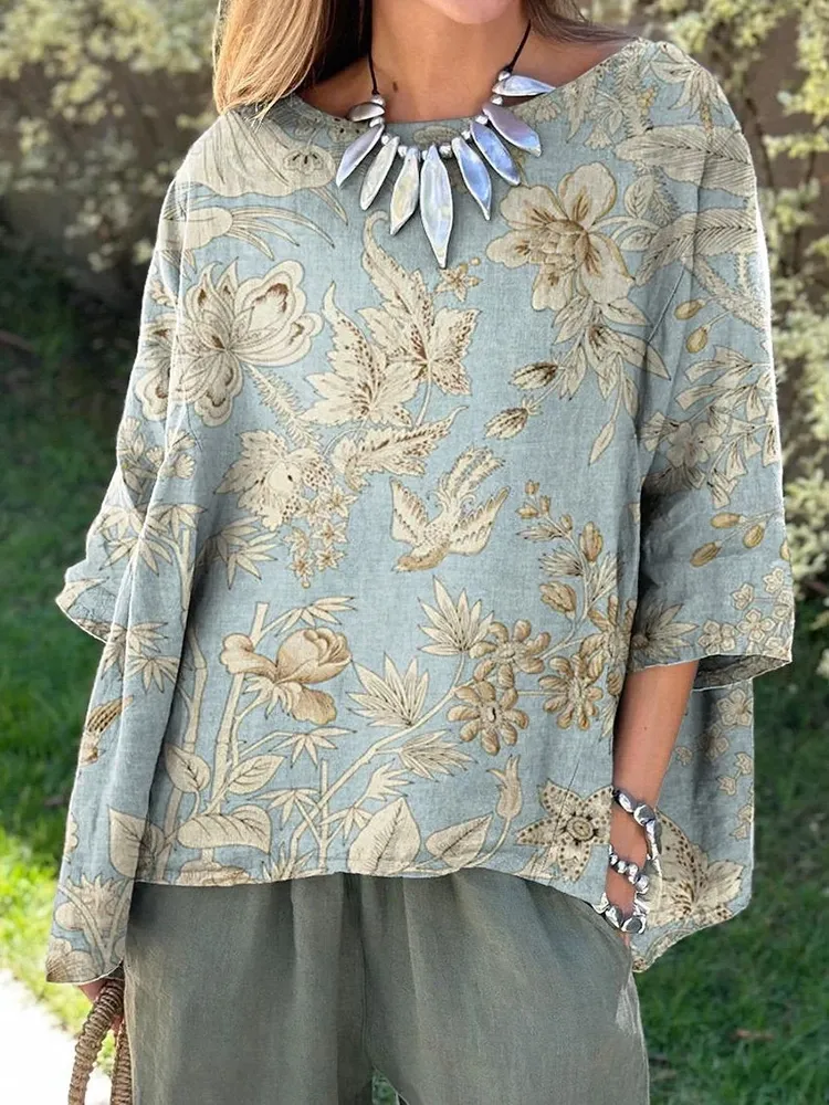 Women's Elegant Floral Print Round Neck Shirt