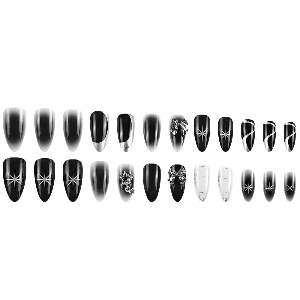 Nailhour 24Pcs 3D Bow Black Gilded Rhinestone Medium Almond Press On Nails