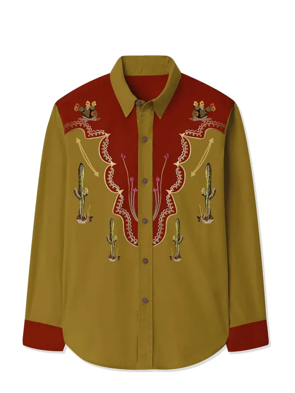 Western Cactus Printed Hawaiian Shirt For Men Button-down Shirt Long Sleeve 100% Cotton Shirt