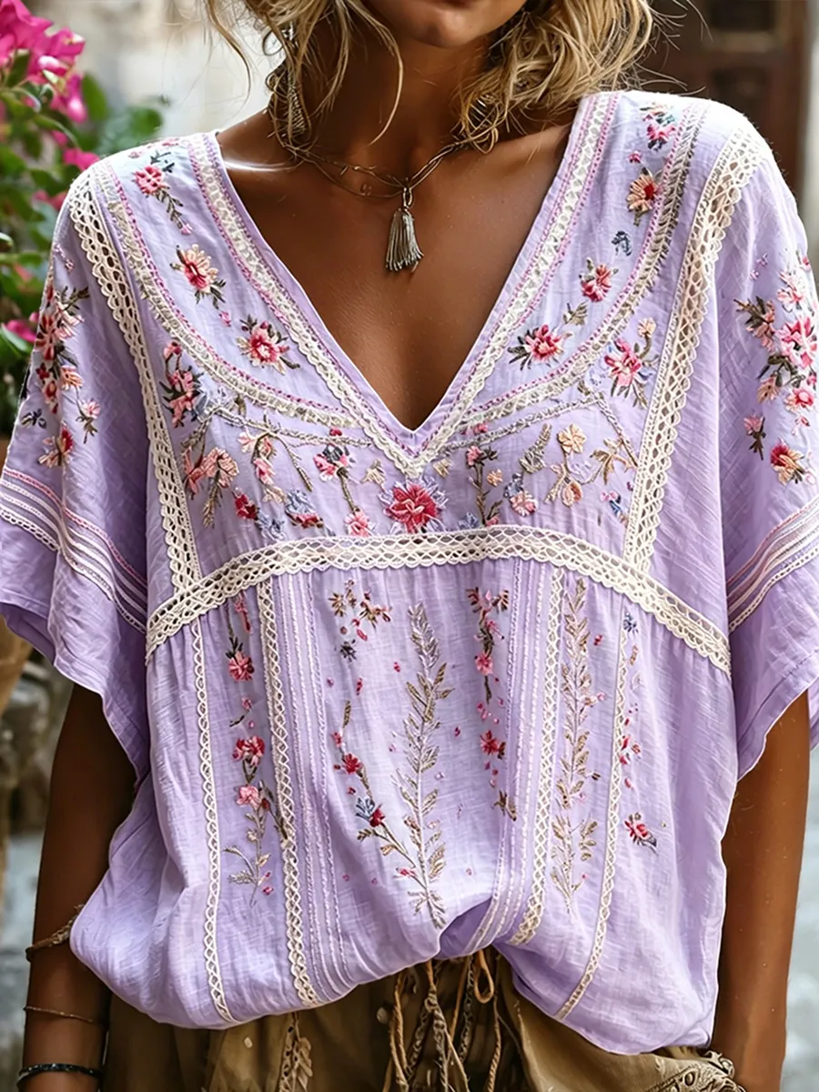 Women's Boho Floral Embroidered Lace Trim V-Neck Blouse