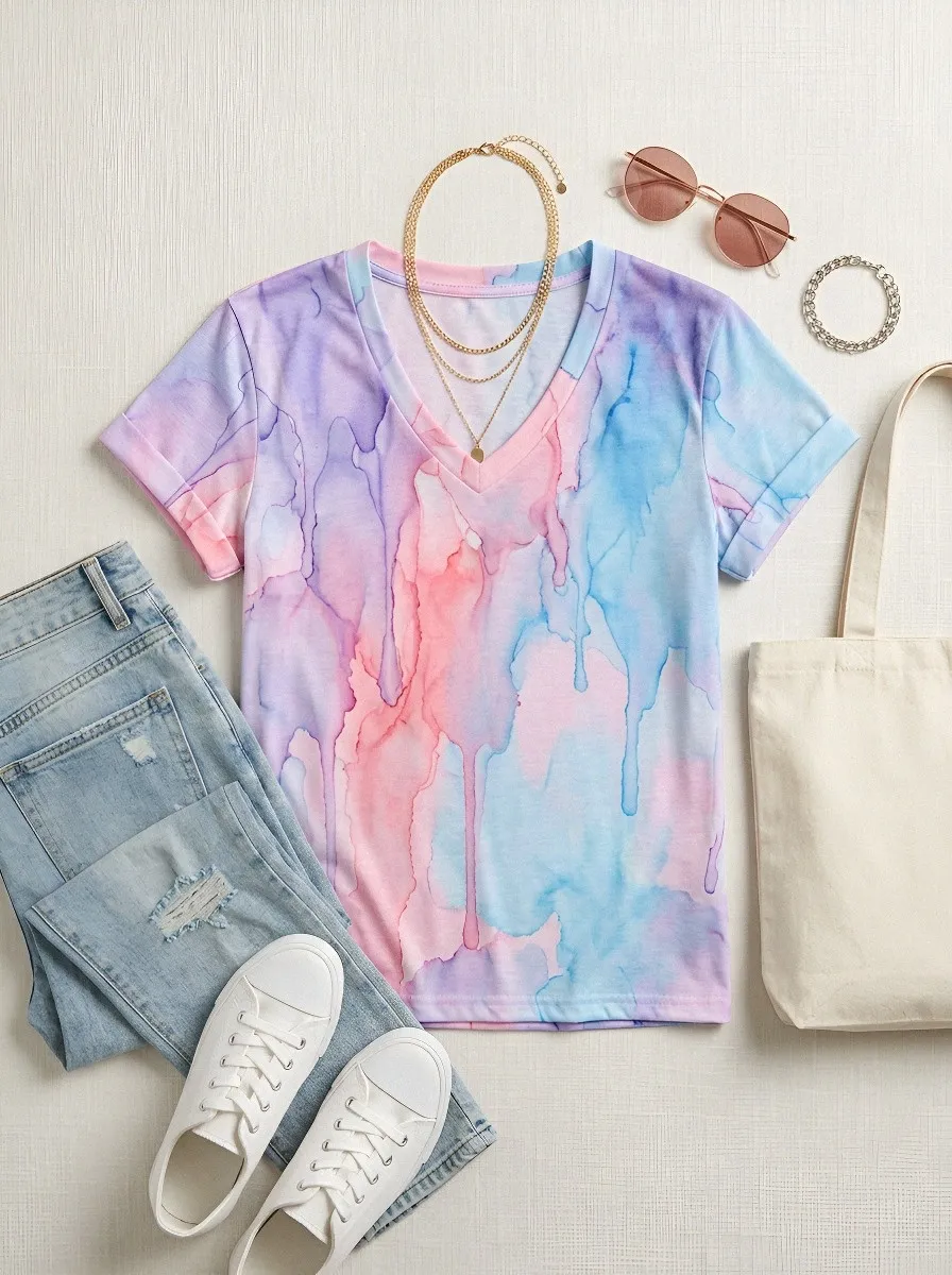 Women's Breast Cancer Awareness Watercolor Drip Printed V-neck T-shirt