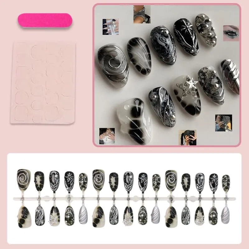 Nailhour 30Pcs Dark 3D Medium Almond French Gilded Press On Nails
